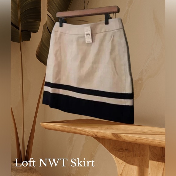 LOFT Tan A-Line Skirt Size 4 NWT Linen Blend Contrast Hem Classic Work Chic - Picture 2 of 6